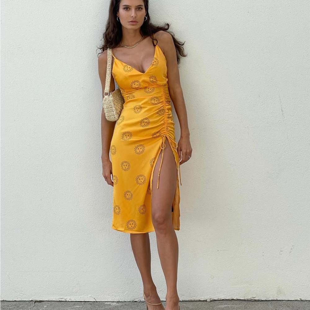 Urban Outfitters Yellow Sun Print Slip Midi Dress